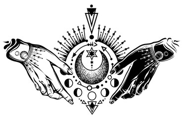 vector illustration, magical astrology, alchemy, spirituality and occultism,magic symbol in hands, p