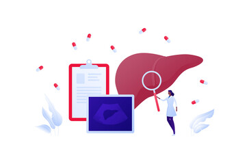 Medical ultrasound procedure concept. Vector flat healthcare illustration. Hepatology and liver diagnostic. Female doctor with magnifier glass and medicine capsule symbol. Design for health care.