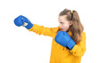 © be free - angry attack. child boxer isolated on white background. sport success. active and healthy childhood.