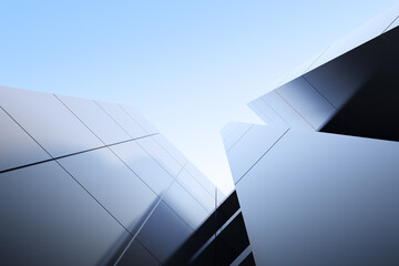 Poster - Low angle view of futuristic modern architecture, Skyscraper of corporate office building, 3D rendering.