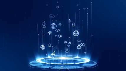 Wall Mural - Blue security shield icon connection with futuristic circle technology abstract background