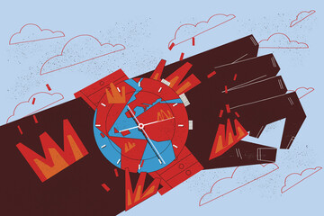 Climate change and global warming concept. The illustration shows a hand wearing a watch in flames which warning us that climate challenge is a matter of time.