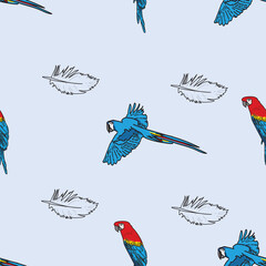 Wall Mural - Vector blue background tropical birds, parrots, macaw, exotic cockatoo birds. Seamless pattern background