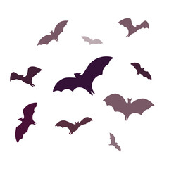  Flying bats, a group of cartoon cave bats isolated on white background. Vector illustration in flat cartoon style