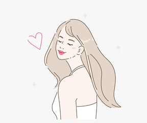 Beauty young girl with healthy fresh skin and hair love yourself. Facial and body cosmetic care concept. Flat cartoon vector illustration.