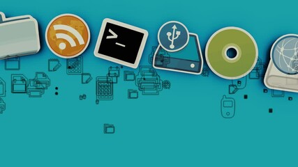 2d animation, many web icons or computer symbols with scroll effect on blue background