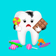 Caries tooth character with candy. Dental care concept. Illustration.