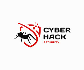 Computer virus definition logo design. Cyber security vector design. Spider and digital shield logotype