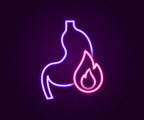 Sticker - Glowing neon line Stomach heartburn icon isolated on black background. Stomach burn. Gastritis and acid reflux, indigestion and stomach pain problems. Colorful outline concept. Vector