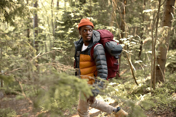 Wandering among trees with backpack, young guy enjoying time alone in nature. Escape from hectic life to wild places. Camping, hiking, travelling, search for adventures concept