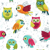 Fototapeta Pokój dzieciecy - Multicolored owls - seamless pattern. Loop pattern for fabric, textile, wallpaper, posters, gift wrapping paper, napkins, tablecloths. Print for kids, children. Children's pattern