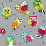 Fototapeta Pokój dzieciecy - Multicolored owls - seamless pattern. Loop pattern for fabric, textile, wallpaper, posters, gift wrapping paper, napkins, tablecloths. Print for kids, children. Children's pattern