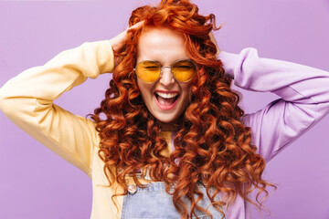 Sticker - Portrait of curly naughty redhead girl in yellow sunglasses posing on isolated background