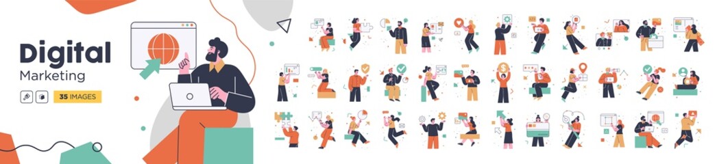 social media marketing illustrations. mega set. collection of scenes with men and women taking part 