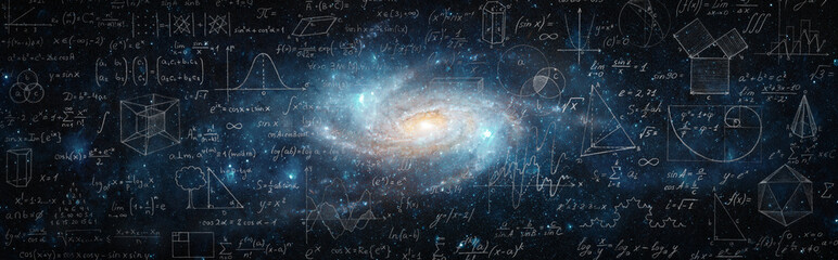 mathematical and physical formulas against the background of a galaxy in universe. space background 
