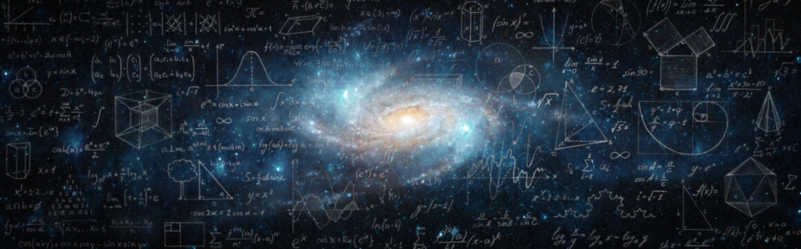 Wall Mural - Mathematical and physical formulas against the background of a galaxy in universe. Space Background on the theme of science and education. Elements of this image furnished by NASA.