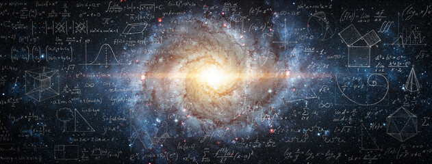 Wall Mural - Mathematical and physical formulas against the background of a galaxy in universe. Space Background on the theme of science and education. Elements of this image furnished by NASA.