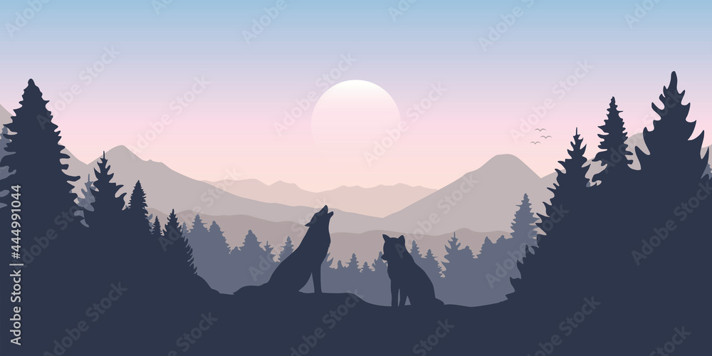 wolf pack in forest with mountain landscape - obrazy, fototapety, plakaty 