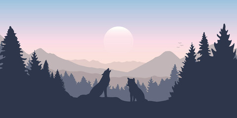 Wall Mural - wolf pack in forest with mountain landscape