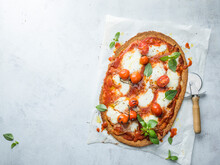 Tomato, Basil, Pizza With Slicer And Copy Space