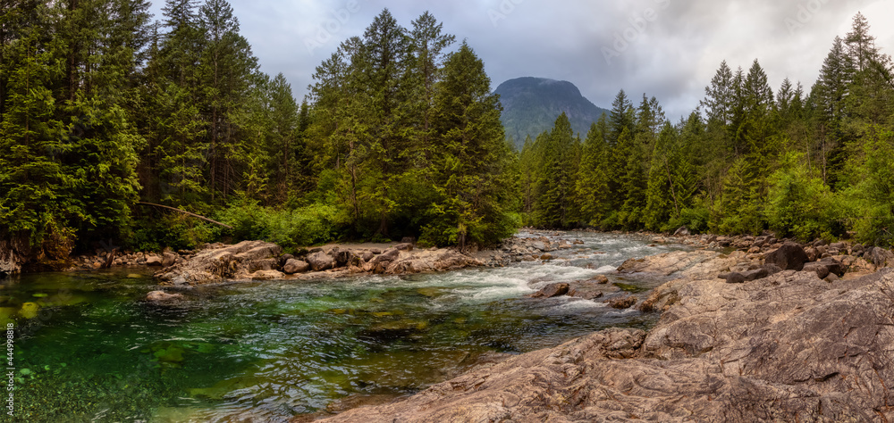 Panoramic View of the river in the Canadian Mountain Landscape. Cloudy Evening Sky. Golden Ears Provincial Park, near Vancouver, British Columbia, Canada. - obrazy, fototapety, plakaty 