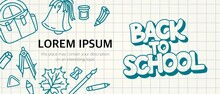 A Banner On A School Theme On A Notebook Sheet In A Cage. The Inscription Back To School, A Place For Your Text. Vector Illustration.