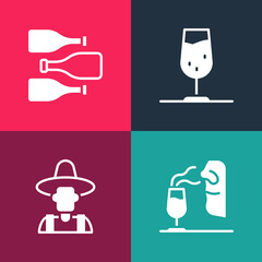 Canvas Print - Set pop art Sommelier, Farmer in the hat, Wine glass and Bottles of wine icon. Vector