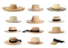 Set With Stylish Straw Hats On White Background