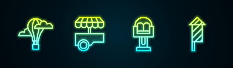 Sticker - Set line Hot air balloon, Fast street food cart, Attraction carousel and Firework rocket. Glowing neon icon. Vector