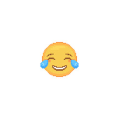 Sticker - Pixel art Laughing Tears Emoji face icon. Vector cute pixel Tears of Joy emoticon. Lol Emoji in retro pixel 8 bit style. Laughing smiling eyes emoji yellow face isolated icon.