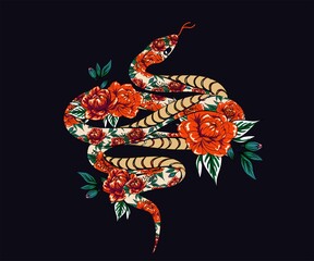 Poster - Snake and flowering plants illustration. Vector illustration. Hand drawn illustration for t-shirt printing, fabric and other purposes.