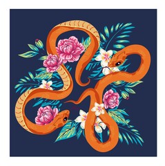 Wall Mural - Snake vector with flower design illustration. bright snake vector and cherry blossom spring season vector background illustration. Hand drawn illustration for t-shirt printing, fabric and other purpos