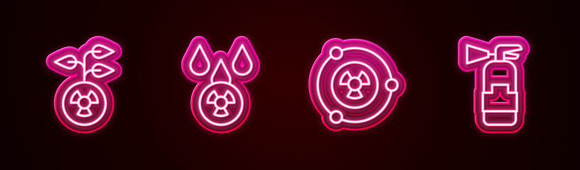 Set line Radioactive, Acid rain and radioactive cloud, and Fire extinguisher. Glowing neon icon. Vector