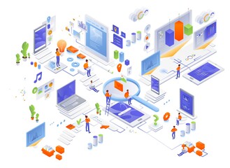Data management, creating website content, searching for information, vector isometric icon set.