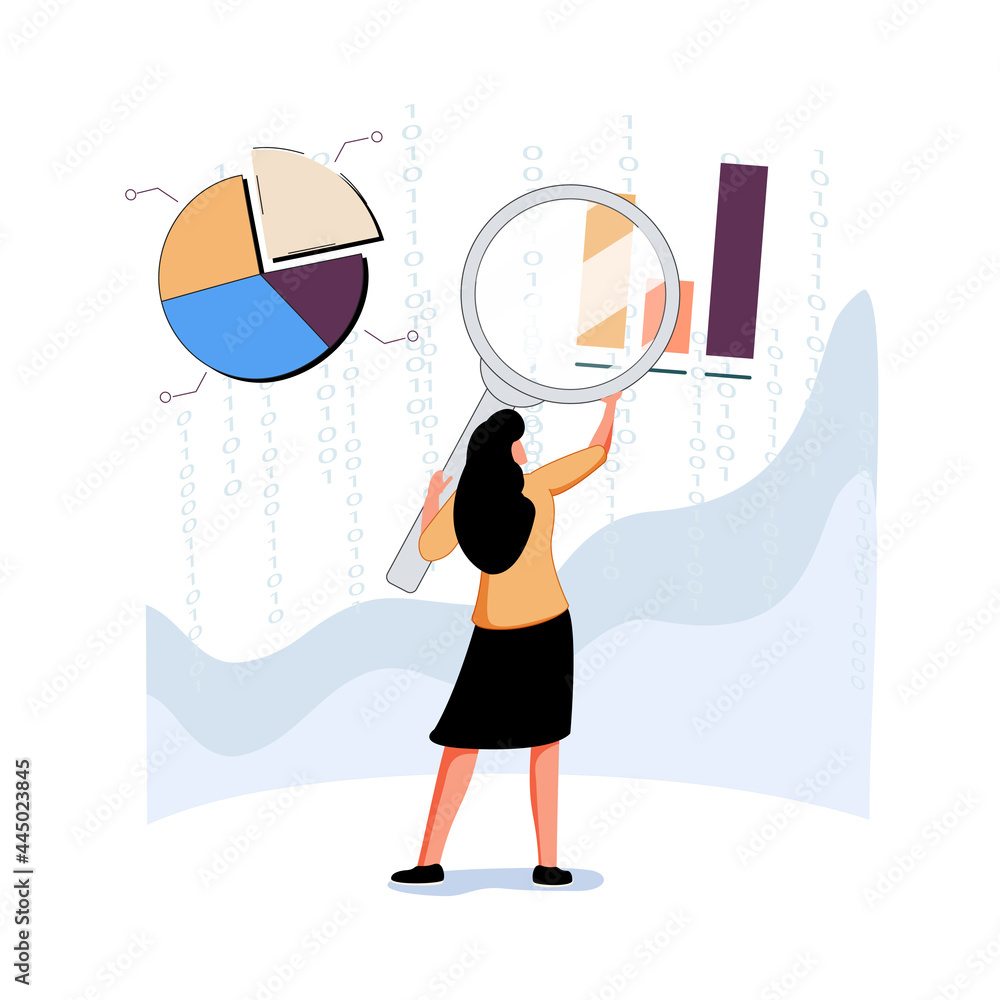 Analyst looking at digits and diagrams through magnifying glass. Concept of big data analysis, business analytics, stats - obrazy, fototapety, plakaty 