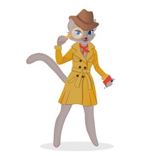 The Concept Of The Detective Cat With A Magnifying Glass In A Coat And Hat. Vector Cartoon Illustration