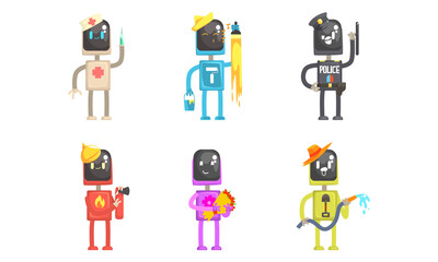 Sticker - Robot of Different Professions Set, Doctor, Painter, Policeman, Firefighter, Florist, Farmer Cartoon Vector Illustration