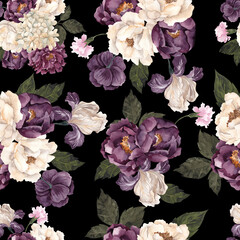  Seamless pattern with watercolor vintage floral arrangements, isolated on colored background