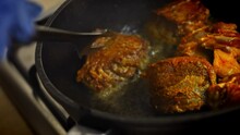Fry The Meat For A Good Crust. 4k Video