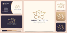 Creative Infinity Logo With Flower Lotus Line Art Style Design. Logo And Business Card Inspirations.