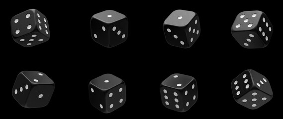 Pack Of Modern Black And White Casino Dices Isolated On The Black Background. Gambling Concept - 3D Illustration	
