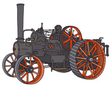 The vectorized hand drawing of a vintage steam traction engine