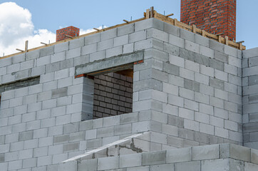 Wall Mural - Building site of a house under construction made from white foam concrete blocks. Building new frame of home.