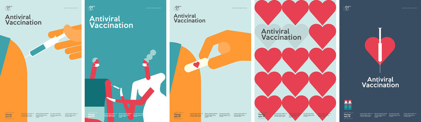 Vaccination. Set of vector illustrations. Simple, fun, background pictures about vaccine action, immunity, health. 