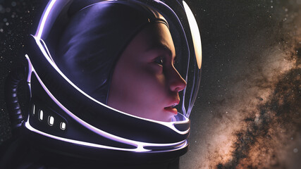 female astronaut with glass helmet and dramatic lighting. 3d render