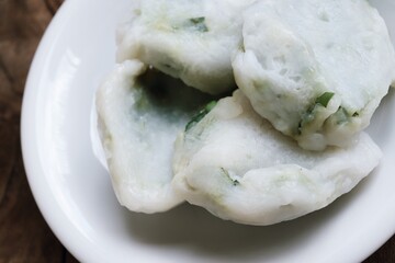 Canvas Print - Steam dumplings chives Chinese food on wood table background