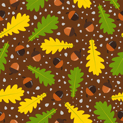 Wall Mural - Autumn oak leaves and acorns seamless pattern. Flat vector illustration.