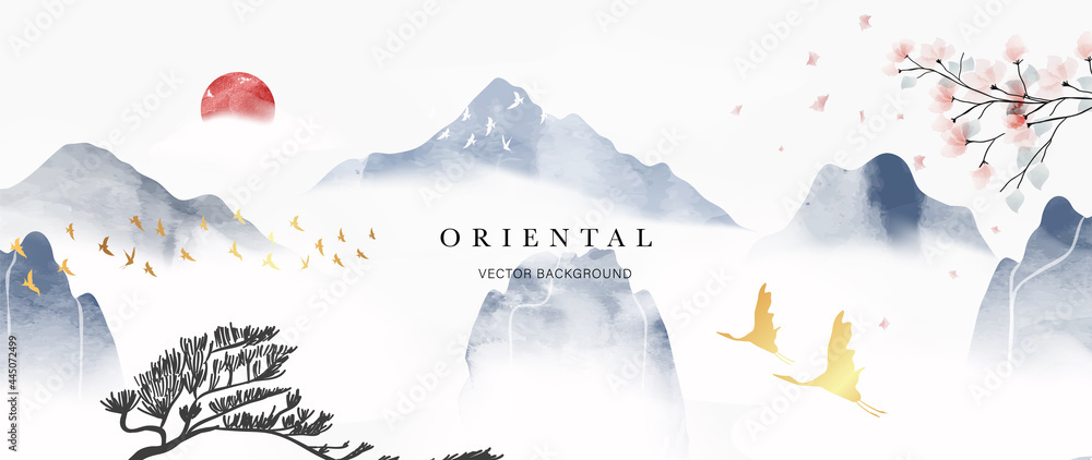 Mountain and golden line arts background vector. Oriental Luxury landscape background design with watercolor brush and gold line texture. Wallpaper design, Wall art for home decor and prints. - obrazy, fototapety, plakaty 