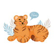 Cute lying tiger growls roar childrens vector illustration in cartoon style. For nursery, posters, stickers, postcards, prints on fabric t-shirts. International Tiger Day. Symbol Chinese New Year 2022