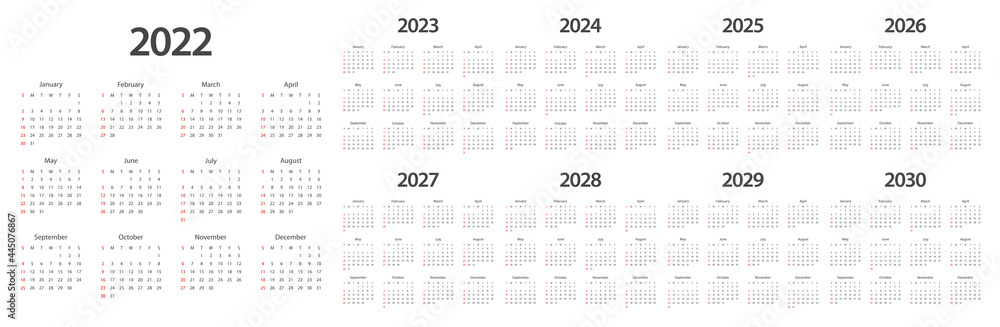 Calendar 2022 2023 2024 2025 2026 2027 2028 2029 2030 week start Sunday corporate design planner template. - obrazy, fototapety, plakaty 
